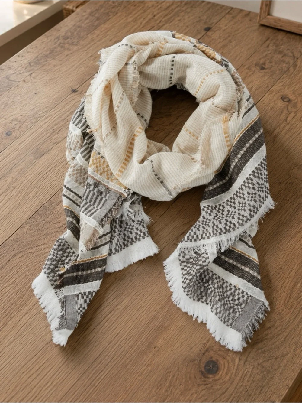 J. Jill Jacquard Stripes Scarf Cream Multi Cotton Fringe NWT